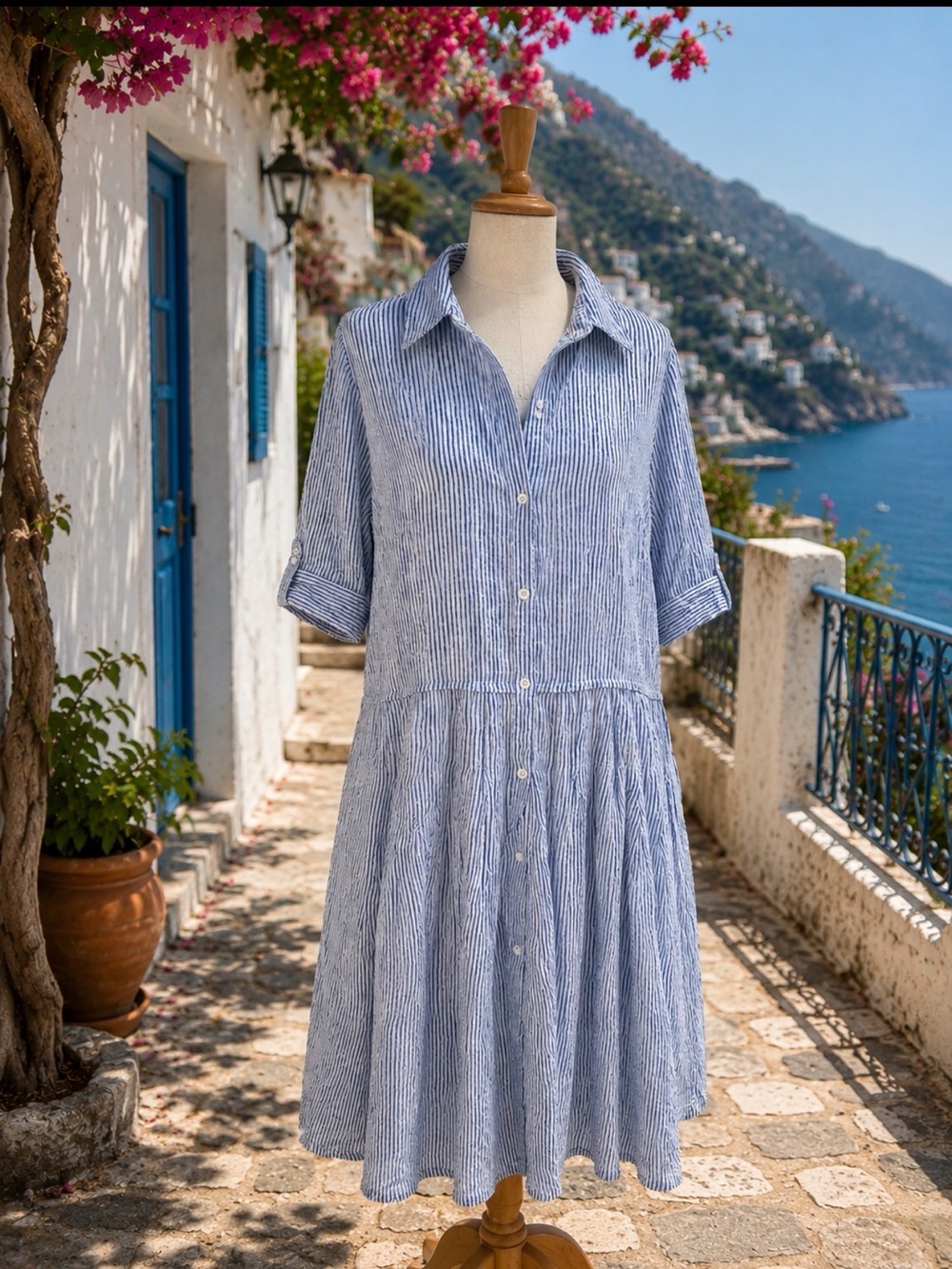 Dizzy Lizzie Striped Button-Front dress Blue and White size large
